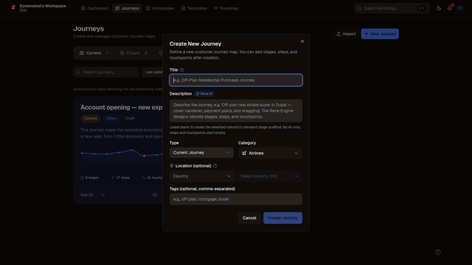Describe it, generate it: A description or a connected source becomes a first draft. — AI Generation in the René customer-journey workspace