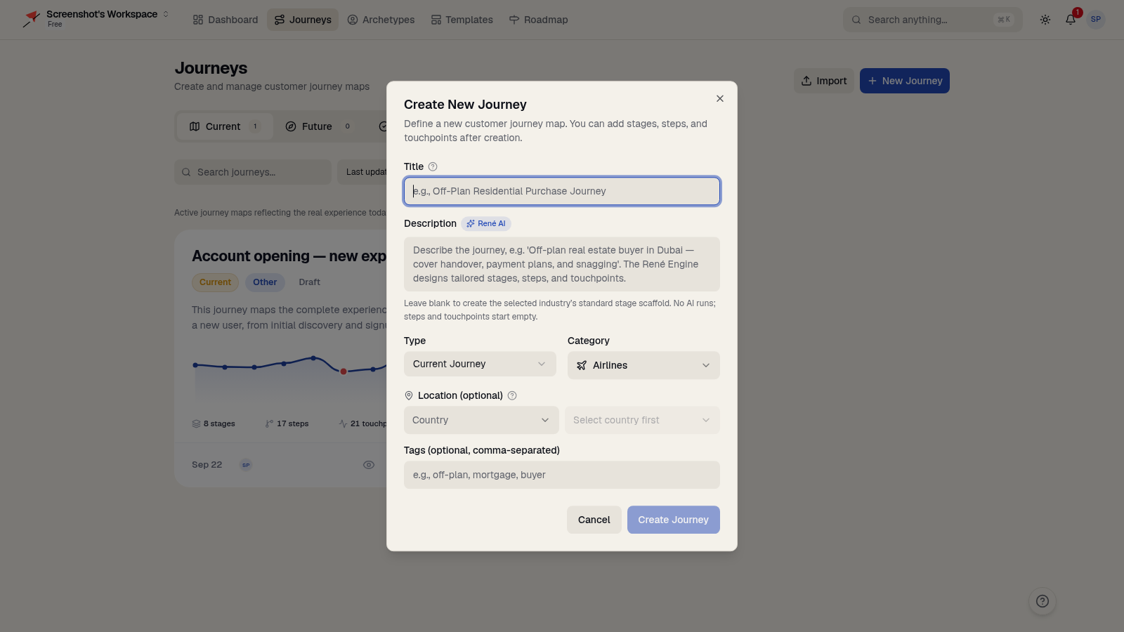 Screenshot of AI Generation in the René customer-journey workspace