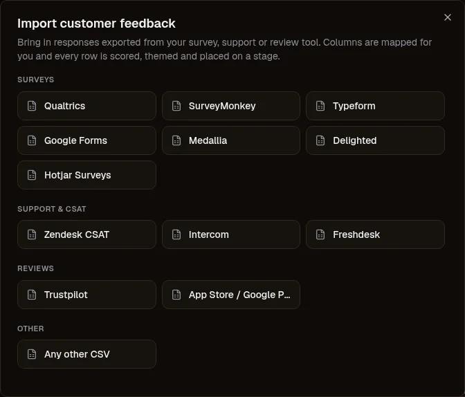 Presets for the exports you have: Pick the tool the file came from and its columns are mapped for you. — Integrations in the René customer-journey workspace