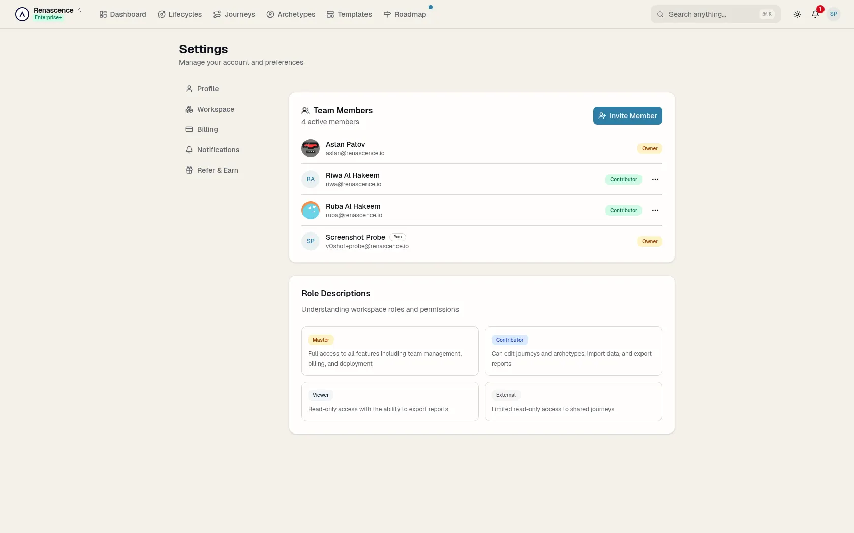 Screenshot of Security & Sovereignty in the René customer-journey workspace